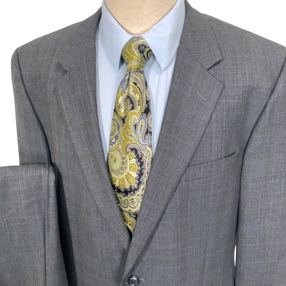 Jos A Bank Suit Mens 44L Charcoal Gray Blue Glen Plaid Tailored Traditional Wool